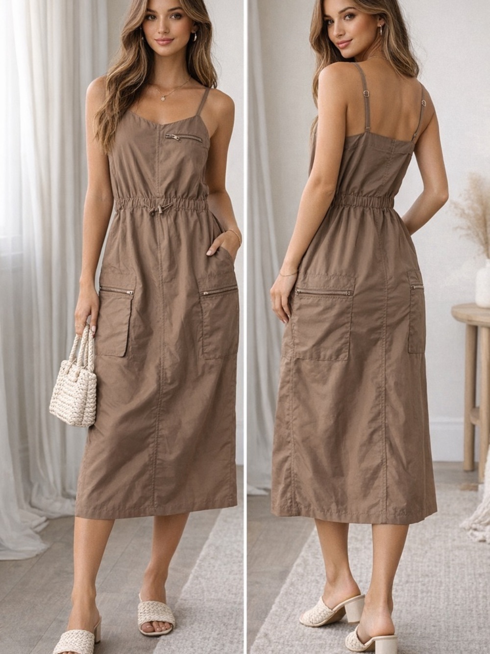 Le Lis Utility Midi Dress in Taupe Brown